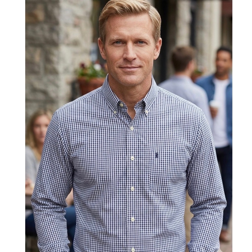 Izod Mens Navy Purple Tattersall Check Long Sleeve Button Down Shirt Large